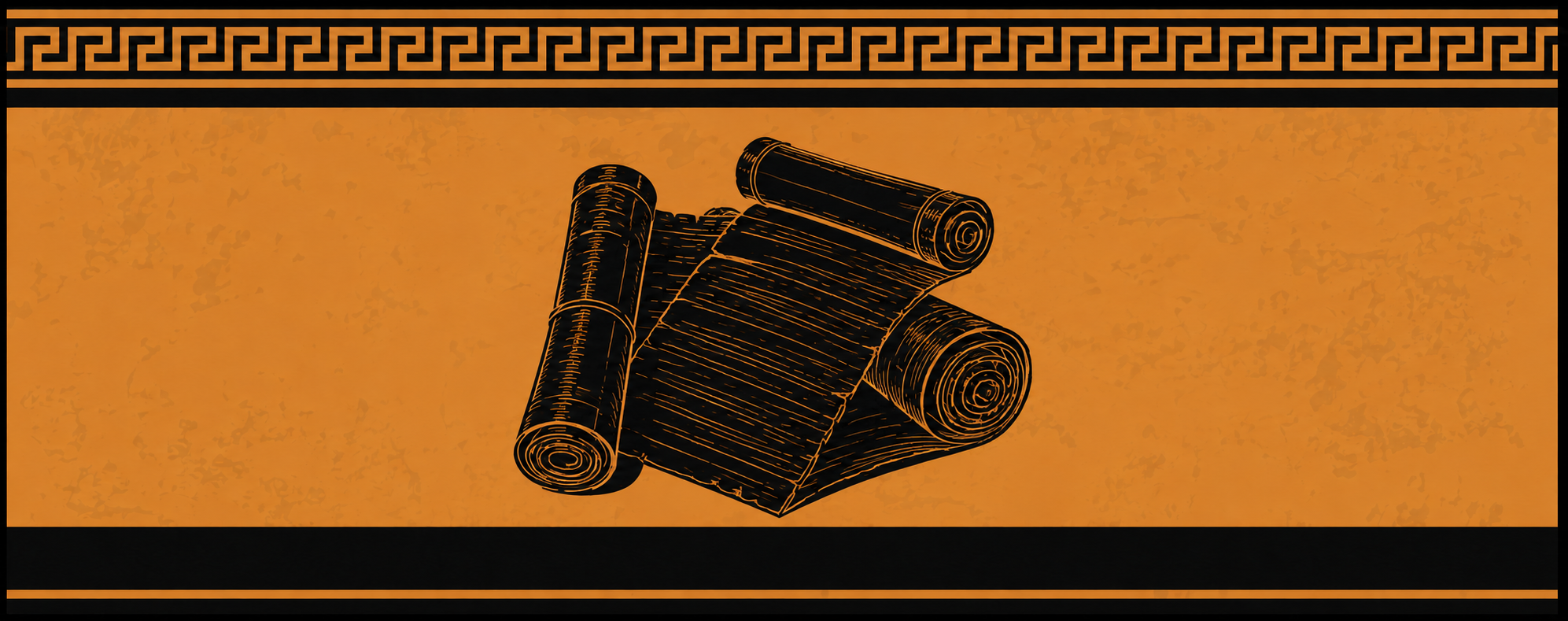 Three papyrus scrolls in Greek black-figure style, two rolled shut and one partly unrolled, inside a meander border