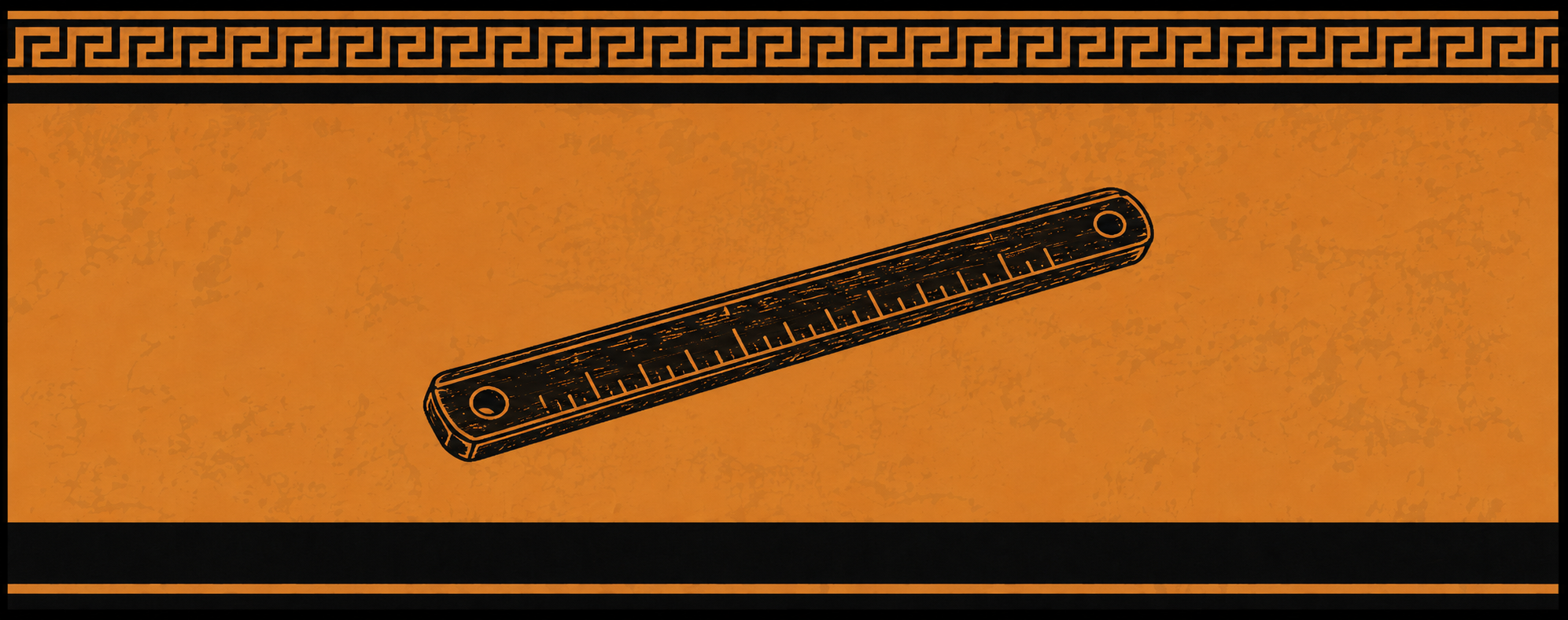 A graduated measuring rule in Greek black-figure style, set at an angle inside a meander border