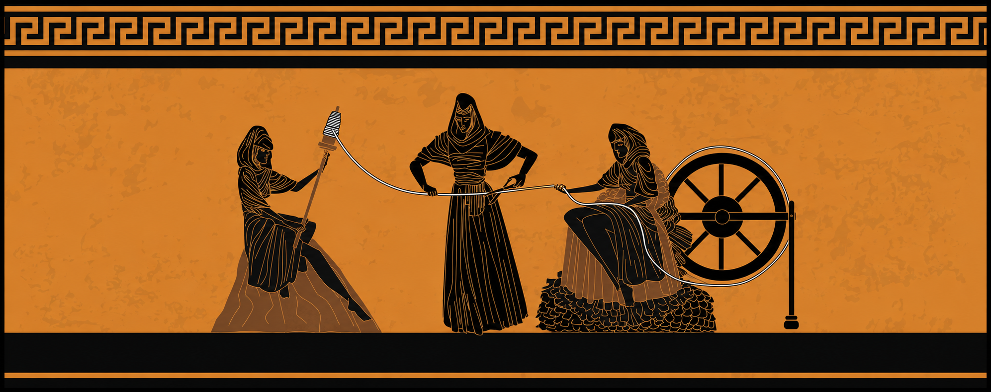 Three Fates in Greek black-figure style: one spins thread from a distaff, one draws it through her hands, one winds it onto a large spoked wheel