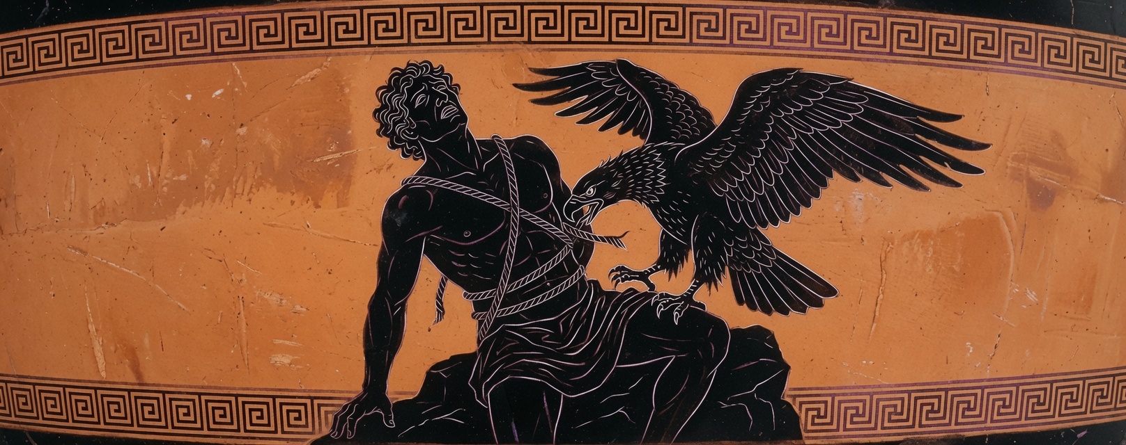 Attic black-figure vase depicting Prometheus bound, an eagle at his liver